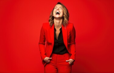 Laughing businesswoman in red suit