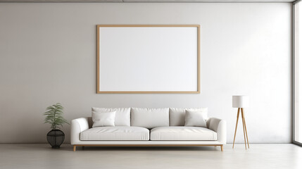 White living room with couch plants and blank canvas pictureframe. Modern interior with white design.
