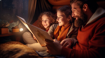 The Tender Connection of a Youthful Family Sharing a Fairy Tale with Their Children - obrazy, fototapety, plakaty
