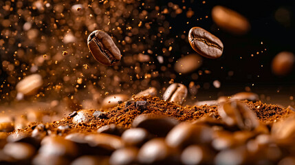 Coffee beans falling into ground with splashes of coffee on black background. 