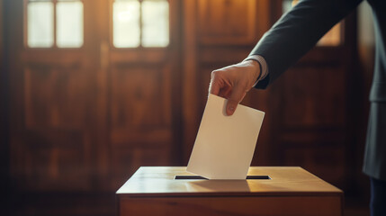 A hand of man putting his ballot in election box. Voit, election.