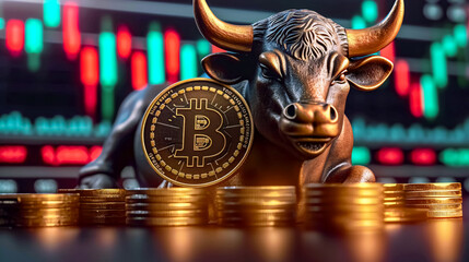 Golden bull and bitcoin on the background of the New York Stock Exchange. financial chart. 3d rendering