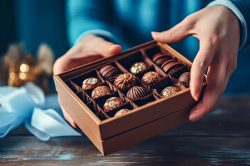 Engage in the moment as a womans hand delicately opens a box of chocolates on a light blue table....