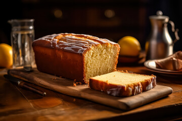 Savor the zesty goodness of a lemon drizzle cake, beautifully presented on a wooden table. This delightful dessert captures the essence of citrusy indulgence.
