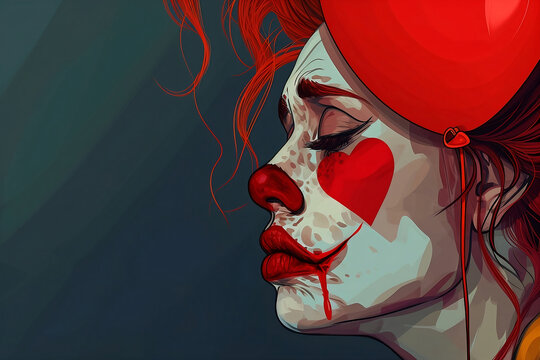 Illustration of a sad clown with red hair, Valentine's makeup, and a red balloon.