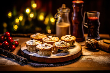 Naklejka premium Relish the festive taste of a mince pie, gracefully presented on a wooden table. This delectable treat captures the essence of holiday sweetness and tradition.