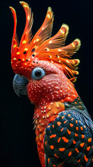 Close up of a red and orange parrot on a black background. 