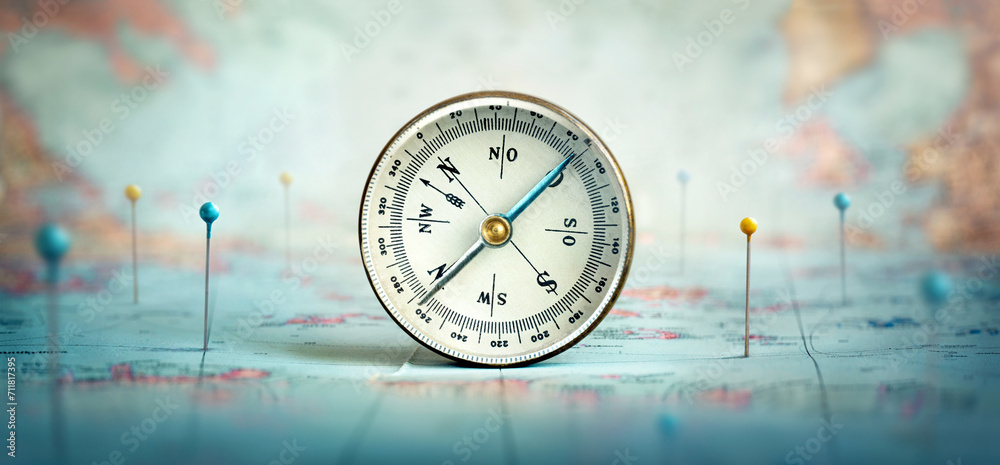 Poster compass and location marking with a pin on routes on world map. adventure, discovery, navigation, co