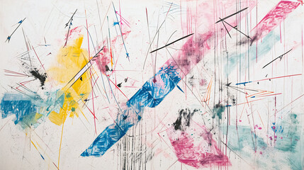 Colorful paint splashes and blots on a white wall background. 
