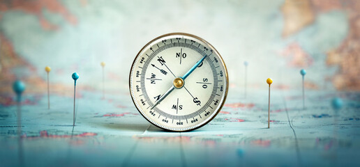 Compass  and location marking with a pin on routes on world map. Adventure, discovery, navigation, communication, logistics, geography, transport and travel  concept background. Very shallow focus.