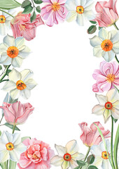 Watercolor floral frame with white daffodils and pink tulips. Romantic spring postcard, birthday greeting card, invitation in vintage style.