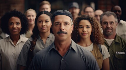 shot representing the trade union concept with a diverse group of people standing united. solidarity, equality, and collective strength of workers in a multicultural workforce