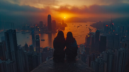 Fototapeta na wymiar Man and woman sitting on the edge of a cliff and watching the sunset in Hong Kong.