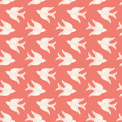 Hand drawn doodle decorative birds seamless texture, stylized folk birds silhouette seamless pattern