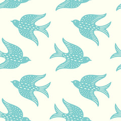 Hand drawn doodle decorative birds seamless texture, stylized folk birds silhouette seamless pattern