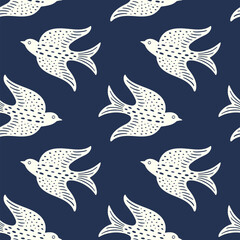 Hand drawn doodle decorative birds seamless texture, stylized folk birds silhouette seamless pattern