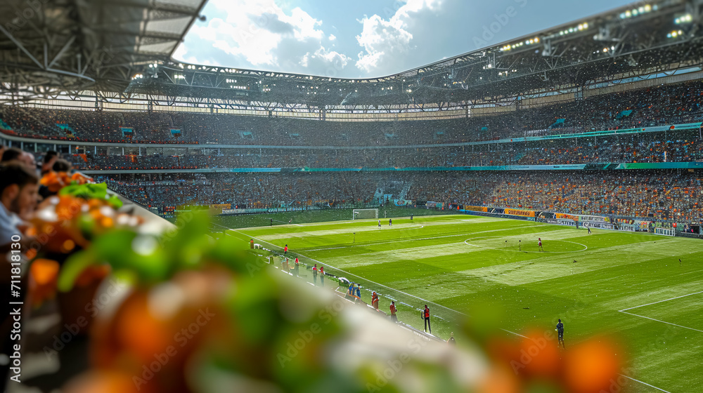 Wall mural Football stadium with full of fans at sunset. Concept of friendly match. 