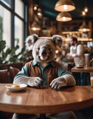 an anthropomorphic koala in a brown vest sits at a table with coffee in a cozy cafe