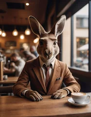 Fotobehang an anthropomorphic kangaroo in a suit and tie in a cafe at a table having breakfast with coffee © BoTanya