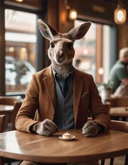 Fotobehang an anthropomorphic kangaroo in a cozy cafe at a table drinking coffee with dessert © BoTanya