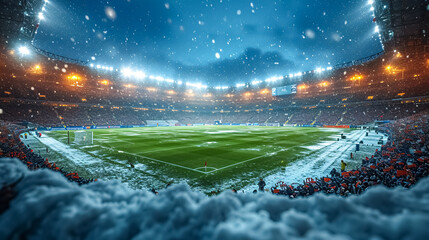 Football stadium at night with fans and cheering crowd. 3D rendering