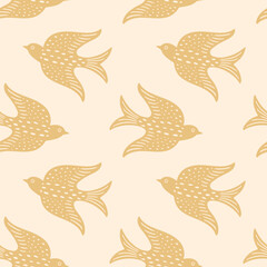 Hand drawn doodle decorative birds seamless texture, stylized folk birds silhouette seamless pattern