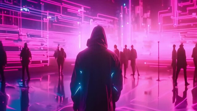 Silhouette of a hooded guy walking through a neon colored cyberpunk style room. Generative AI