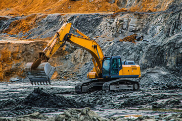 Excavator working on a construction site. Heavy duty construction equipment.