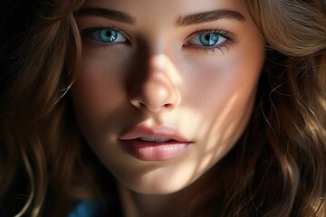 Portrait of a young woman with blue eyes and brown hair