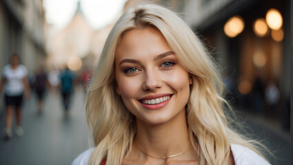 Portrait of a Beautiful Young Blond Russian Model Woman for a Tourism Campaign Advertisement in Urban Setting	
