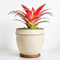 Illustration of potted bromeliad  plant white flower pot Bromeliaceae isolated white background indoor plants