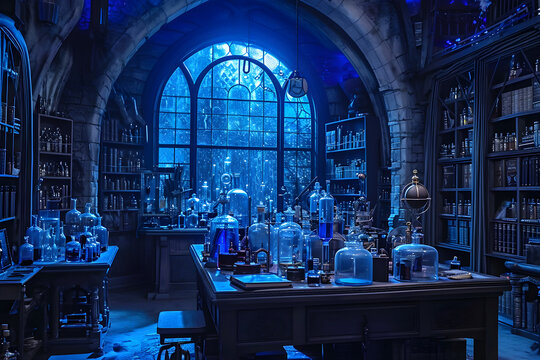 A mystical laboratory where a wizard conducts experiments and brews potions surrounded by books, scrolls, candles, and a cauldron.