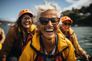 A joyful group of fashionable individuals, equipped with orange helmets and life jackets, stand confidently against a backdrop of clear blue sky and sparkling lake, their beaming smiles framed by sty - obrazy, fototapety, plakaty