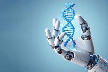 The robot's arm holds a piece of DNA. Space for text. - obrazy, fototapety, plakaty