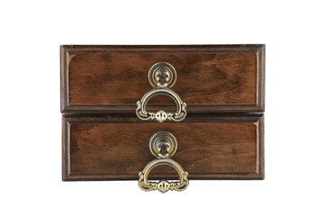Small drawers isolated on white background. Vintage wooden jewelry drawers.