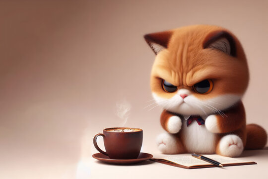 Cute, angry cat near a cup of coffee. Place for text.
