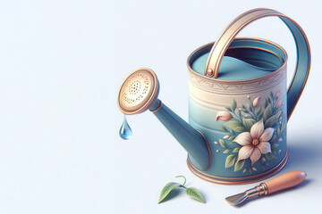 Watering can on a light background. Space for text.