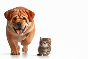 Dog and kitten walking together on a white background. Place for text.