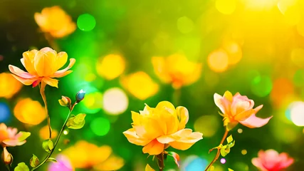 Poster Summer or spring  flowers with green and yellow blurred bokeh background. season concept with copy space. © Ole