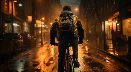 A solitary figure braves the wet city streets on a bicycle, the building lights reflecting off the slick pavement and the spinning wheels - obrazy, fototapety, plakaty