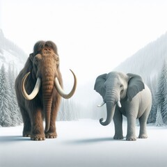 A mammoth and a modern elephant standing nearby.
