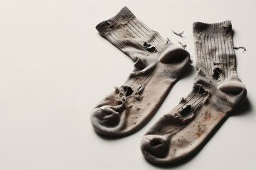 Dirty, torn socks on a light background. Place for text.