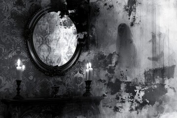 A ghostly figure reflected in an antique mirror, surrounded by crumbling wallpaper and dim candlelight.