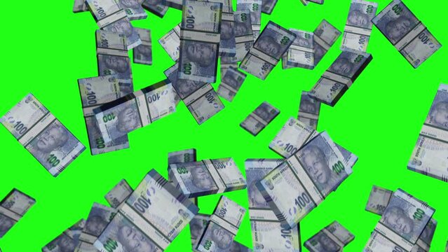 South Africa Rand banknote packs falling loop. South African 100 ZAR money note fall. 3D seamless looped isolated abstract concept of economy, finance, crisis, success and banking. Green screen.