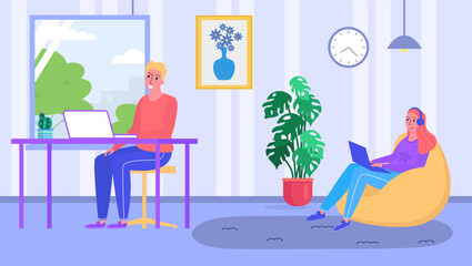 Young man sitting at desk with laptop and woman on bean bag with laptop in modern office. Casual work environment, cooperative workspace. Freelancers sharing office space vector illustration.