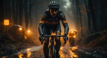 Foto op Canvas A lone rider glides through the darkened forest, his bicycle wheel crunching against the rough terrain as he embraces the thrill of the night ride © Gaga AI