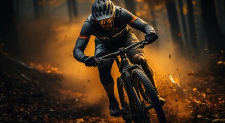 A daring cyclist dons his helmet and prepares to conquer the night, his trusty bike propelling him forward through the darkness as he embraces the thrill of freeride racing