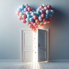 Heart-shaped balloons fly into the room through an open door.