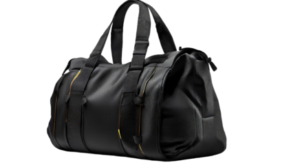 Black sport bag isolated on a transparent background.