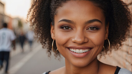 Close up beautiful young black african american woman smiling with afro hair
